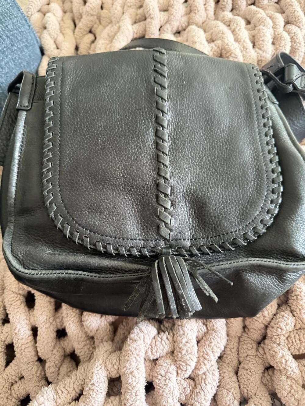 Hobo Black Leather Crossbody Flap Bag with Tassel and Whipstitching